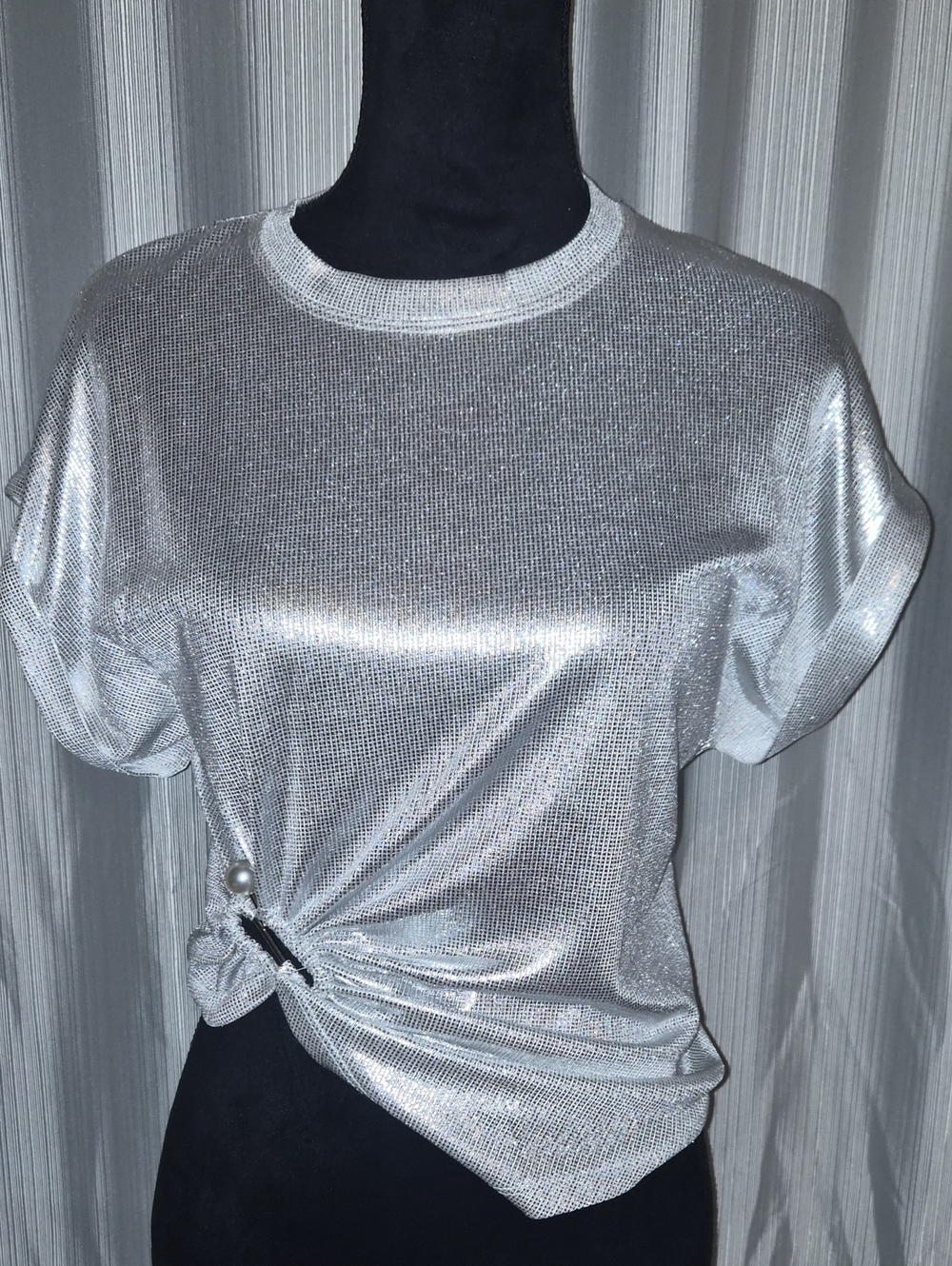 Metallic Silver Short-Sleeve Knot Front Tee